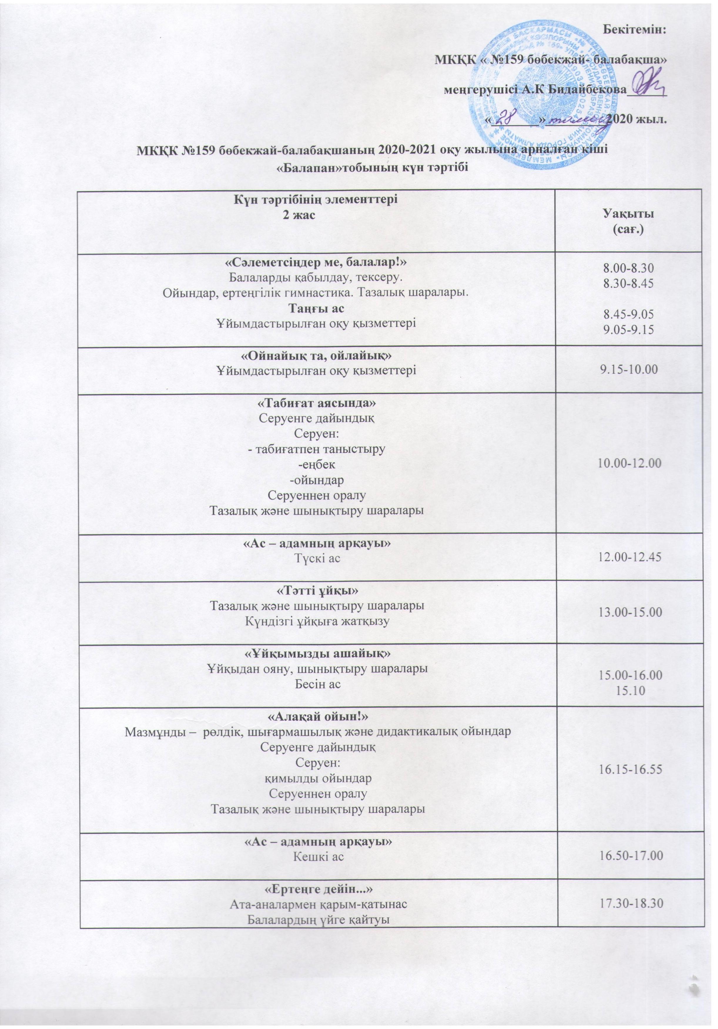 МКҚК №159 бөбекжай балабақшасы 2020-2021 оқу жылына арналған топтардың күн тәртібі