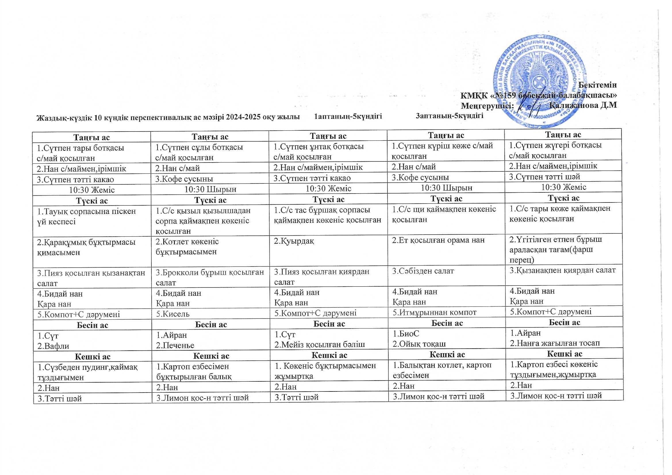 Жаздық-күздік 10 күндік перспективалық ас мәзірі 2024-2025 оқу жылы